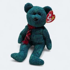 Ty Wallace Green Bear Beanie Babies with Red Tartan Plaid Scarf 1999 Vintage